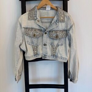 Vintage‎ Womens Studded Acid Wash Denim Jacket Embellished Studded Rhinestone